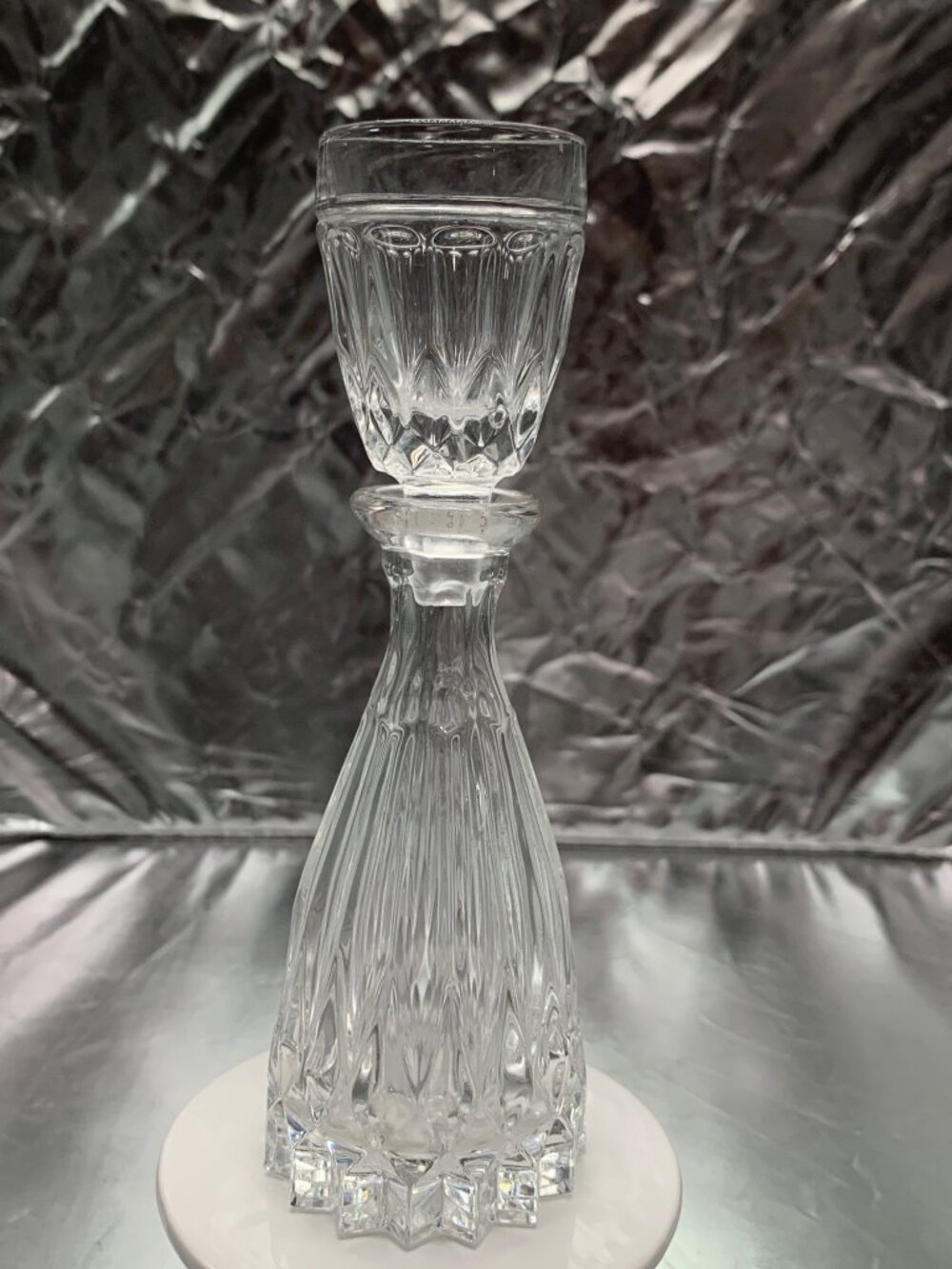 Vintage Crystal Decanter With Cup Stopper Mouthwash Shot Glass Elegant Starburst